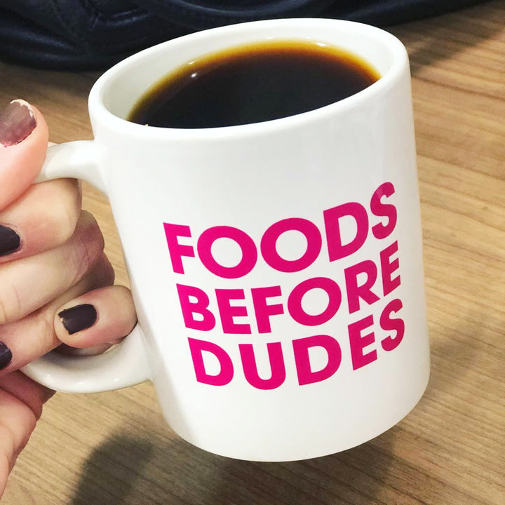 Coffee mug with foods before dudes in pink letters by Paleo Treats.