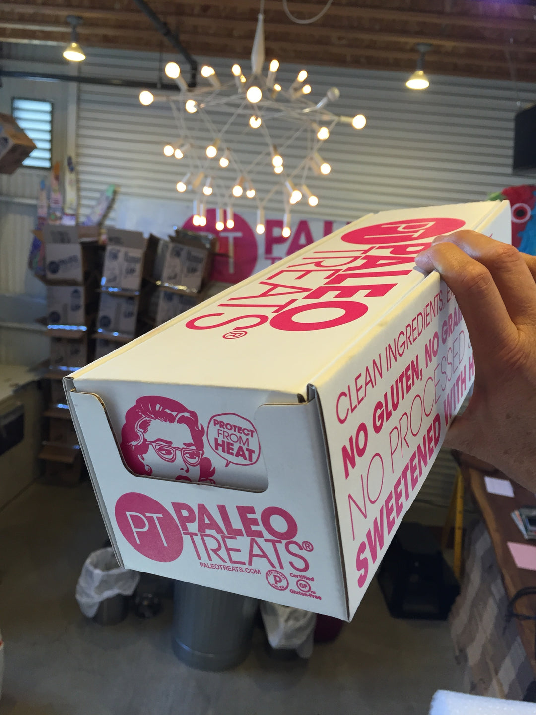 Sampdisplay box for paleo treats pink and white clean ingredients.