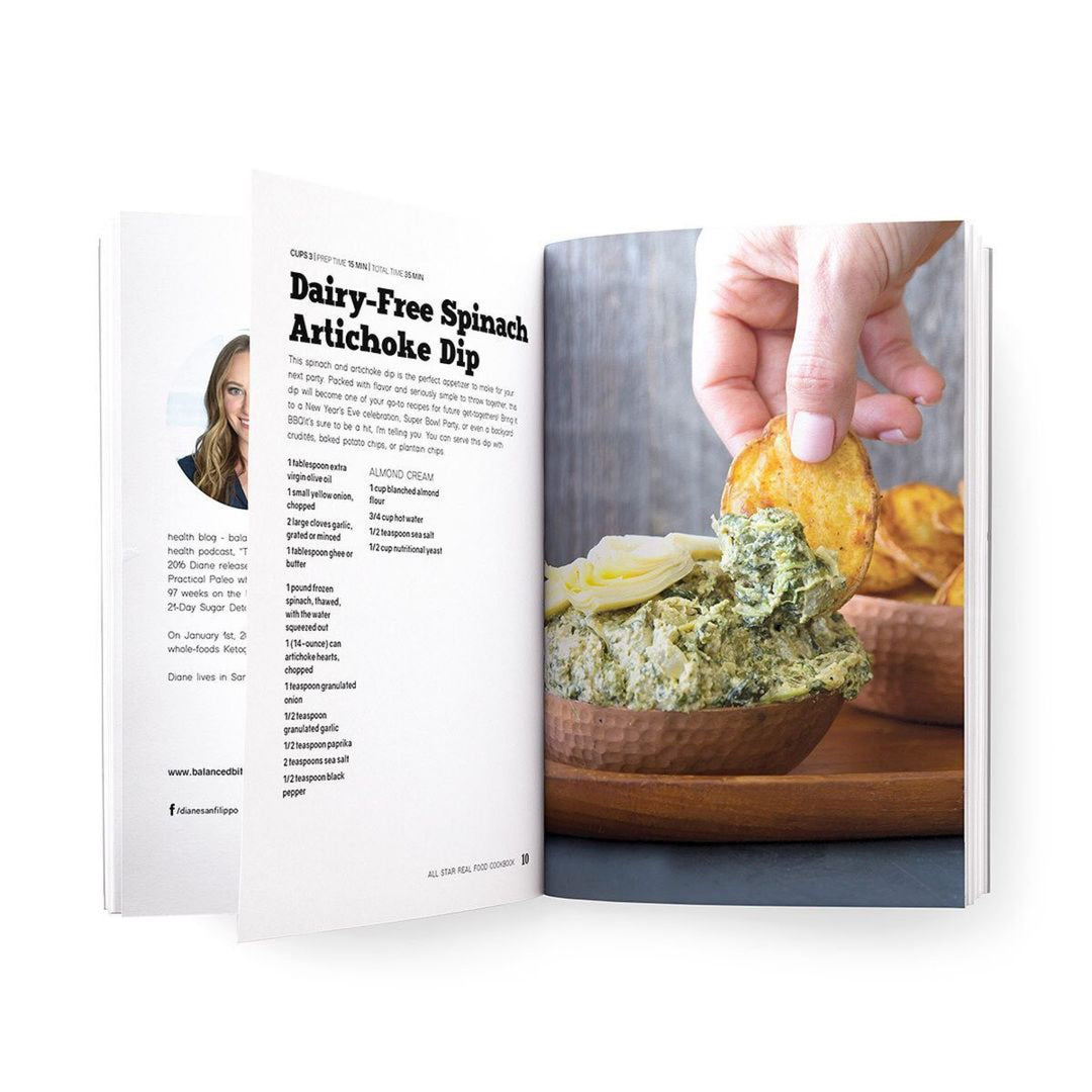 Dairy-free spinach artichoke dip recipe from the All Star Real Food Cookbook