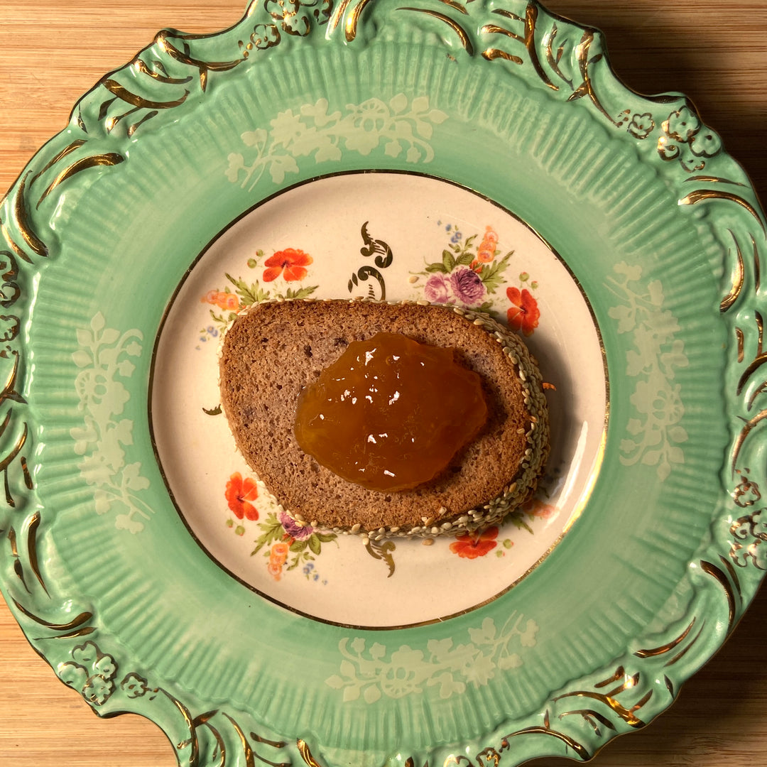 Baller bread keto toast with keto jackies jams on plate by Paleo Treats.