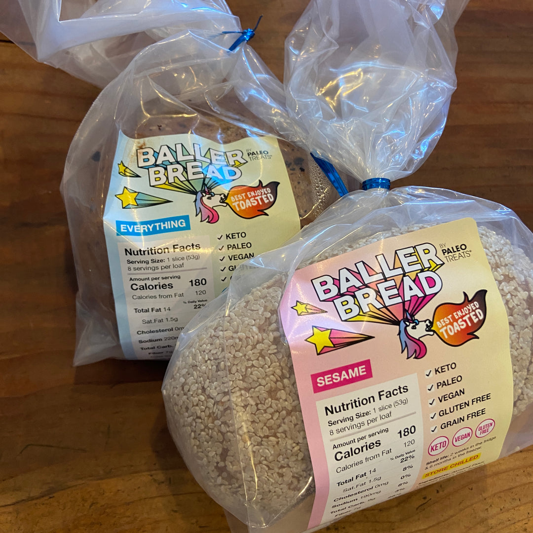 Baller bread two loaves gluten free bread in store.