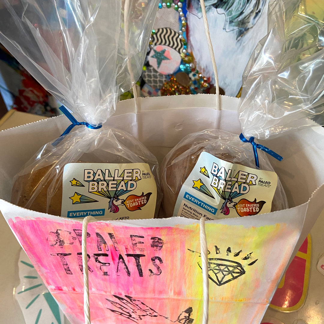 Baller bread two loaves of delicious keto bread in bag ready to eat by Paleo Treats.