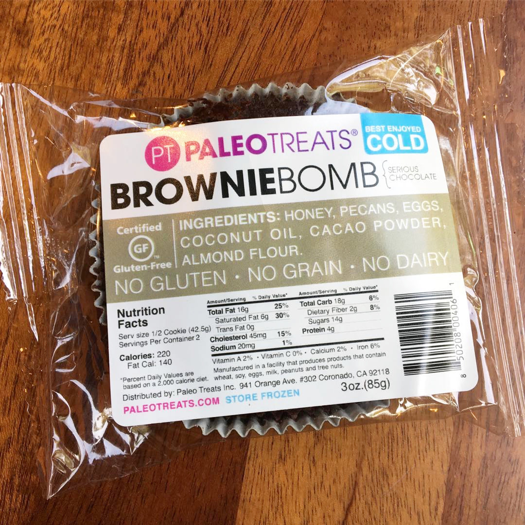 Brownie bomb in packaging by Paleo Treats.