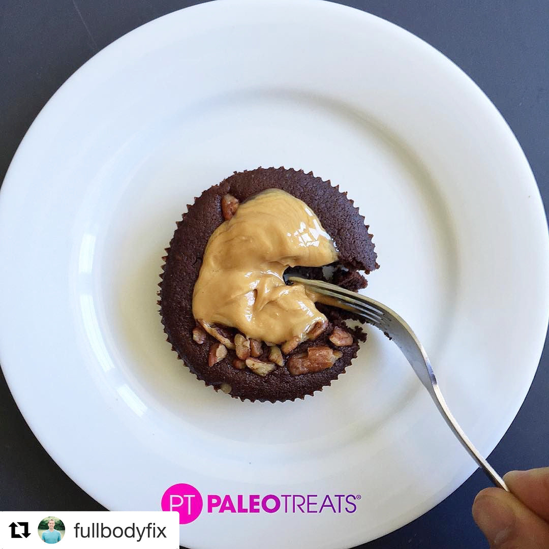 Brownie bomb instagram of brownie bomb topped with almond butter by Paleo Treats.