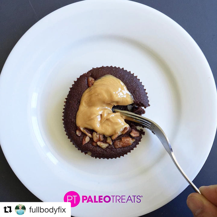 Brownie bomb instagram of brownie bomb topped with almond butter by Paleo Treats.