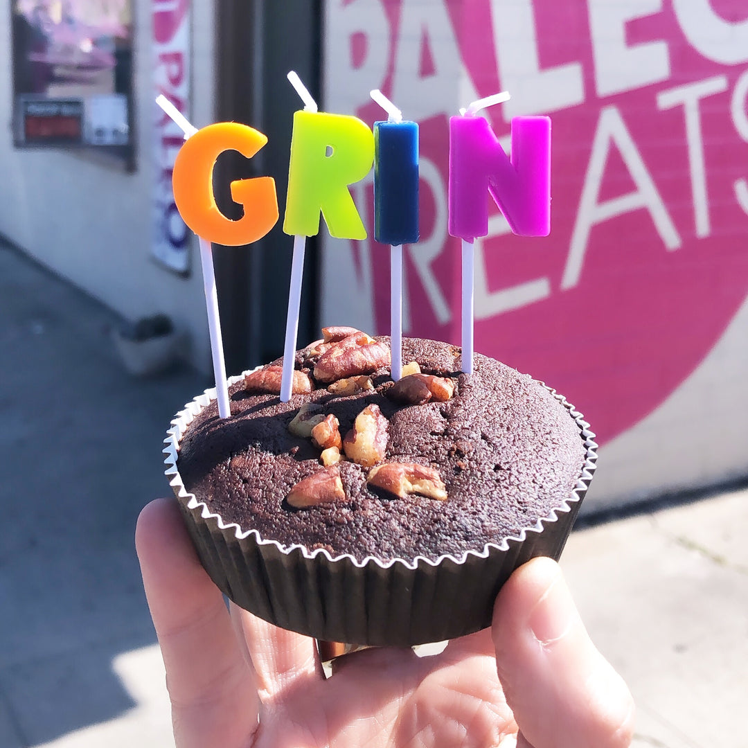 Brownie bomb mini birthday cake made of gf brownie by Paleo Treats.