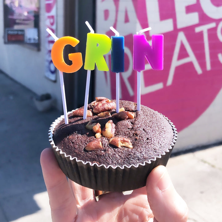 Brownie bomb mini birthday cake made of gf brownie by Paleo Treats.