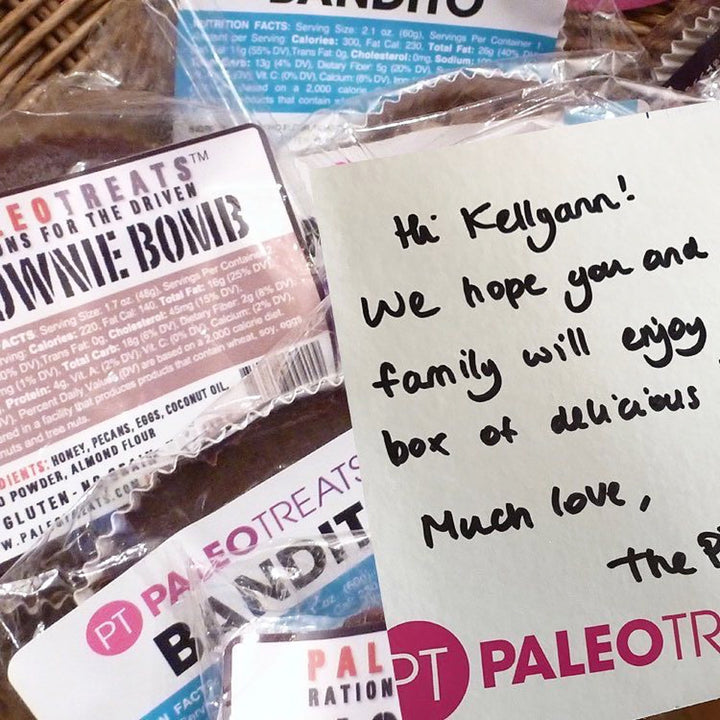 Brownie bomb with gift note in shipped box.