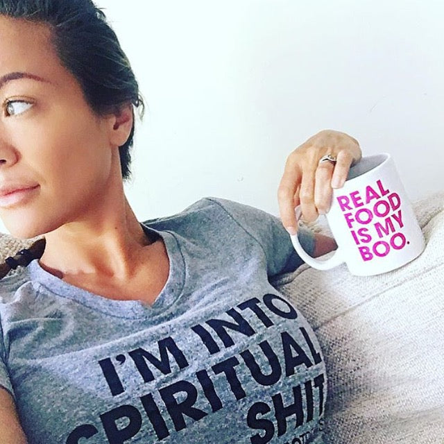 Spiritual shit shirt happy woman looks off camera wearing im into spiritual shit t shirt.