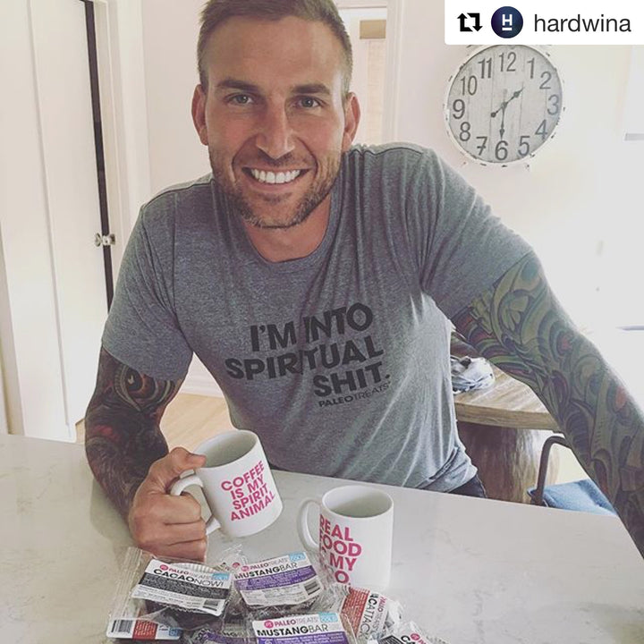 Spiritual shit shirt nick hardwick football player wearing im into spiritual shit shirt with paleo treats mugs.