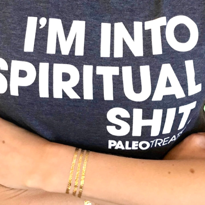 Spiritual shit tee cross chest by Paleo Treats.