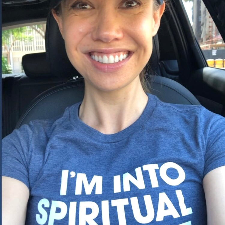 This lady is psyched on her im into spiritual shit t shirt.