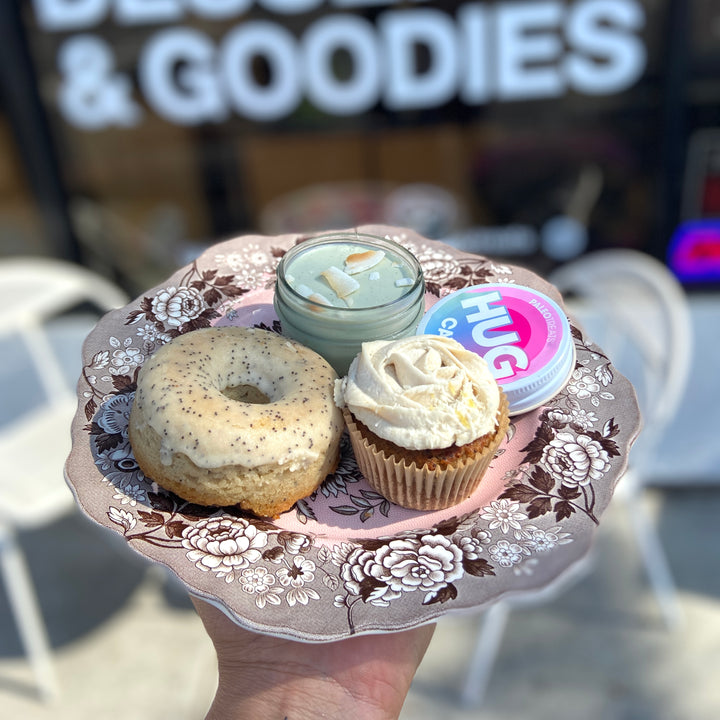 Vegan cakes protein donuts gluten free cupcakes on a plate by Paleo Treats.