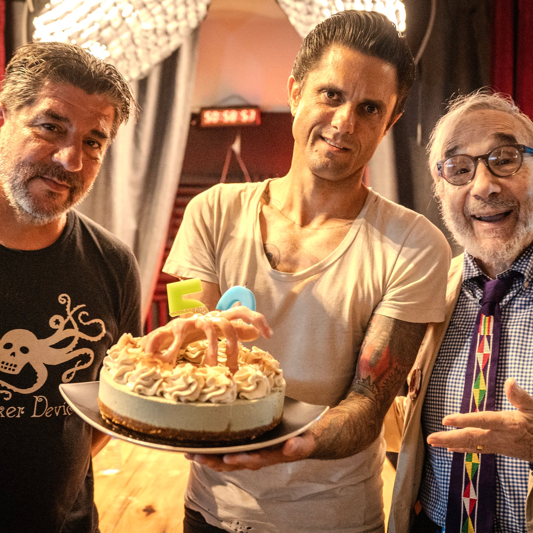 Vegan gf cake lloyd kauffman celebrates birthday with cake.