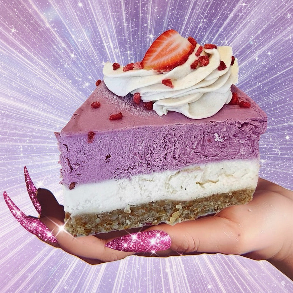 Vegan gf cake slice of triple berry dairy free cake by Paleo Treats.