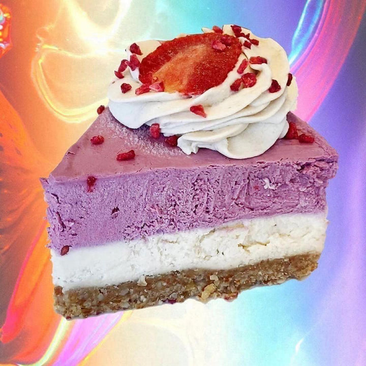 Vegan gf cake slice of triple berry vegan cake by Paleo Treats.